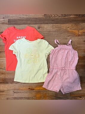 Girls 3-Piece Bundle 3T, Coral Tee, Pastel Yellow Tee, Pink Polka Romper